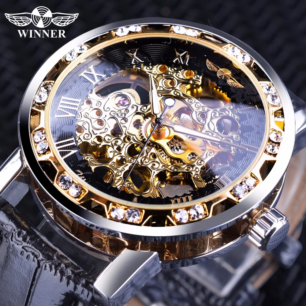 Winner Black Golden Retro Luminous Hands Fashion Diamond Display Mens Mechanical Skeleton Wrist Watches Top Brand Luxury
