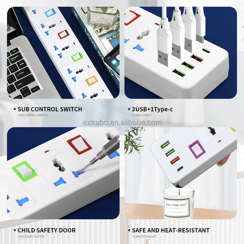 EZKABO Maunfactury Multiple Electrical Extension Socket 5 Way 3 USB 1 Type C Power Socket For Sale