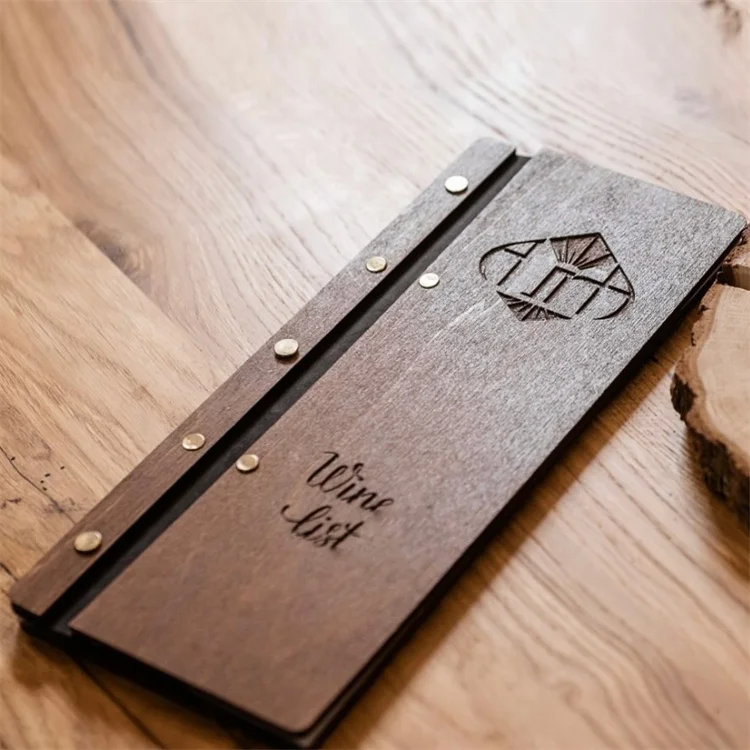 Customized Luxury Leather Strap Bamboo Wooden Cover Notebook Menu File Folder for Restaurant Hotel Wine Bar
