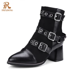 Boots Motorcycle Punk Boots Side Zipper Metal Buckle Platform PU Leather Women Ankle Boots 2021 Fall Winter High Heels Shoes 45