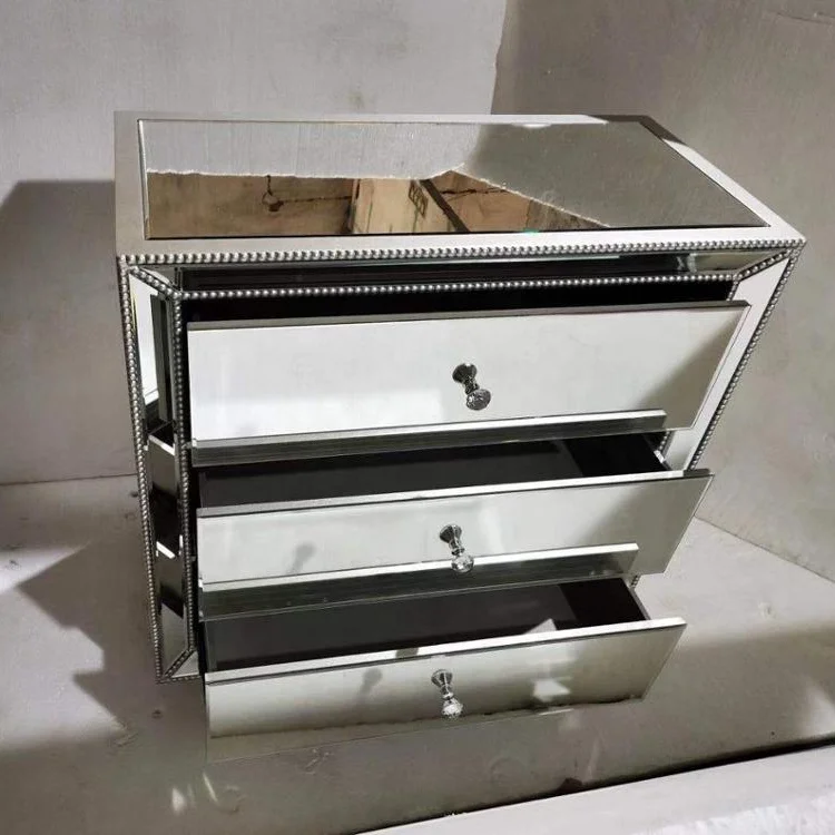 Hot Sale Beads Mirrored Nightstand  3 drawer chest bedside table  night stand Mirrored Side Board with beads