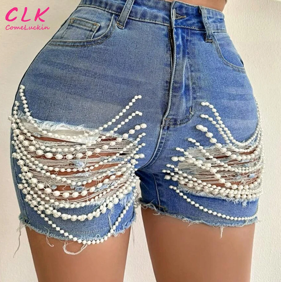 Wholesale Custom Fashion New Hole Breaking Casual Ladies Sexy Pant High Waist Women Handmade Beaded Chain Shorts Pants