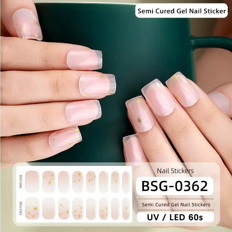 Real nail polish plastic strip stickers semi cured framing uv Lamp nail art sticker glitter gel sticker machine made OEM ODM