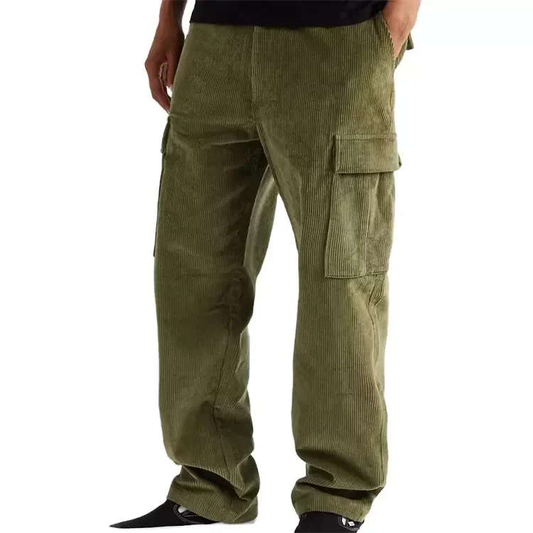 Green color men straight leg corduroy pants with big pockets casual track cargo pants
