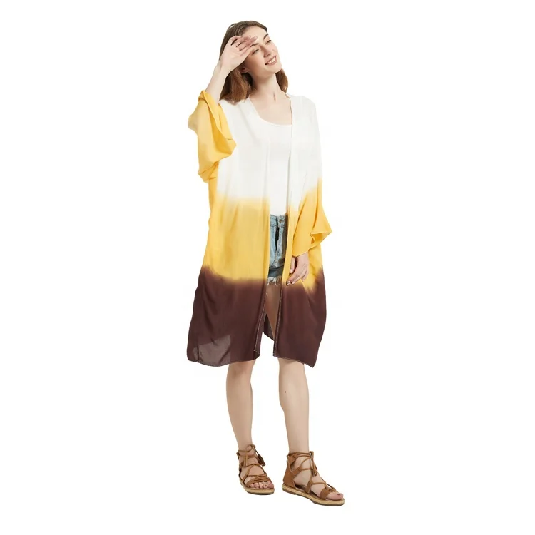 New Fashion Designed Casual Yellow Tie Dye Viscose Chiffon Kimono Shirt Blouse Beach Japanese Plus Size Tops Kimono Blouse