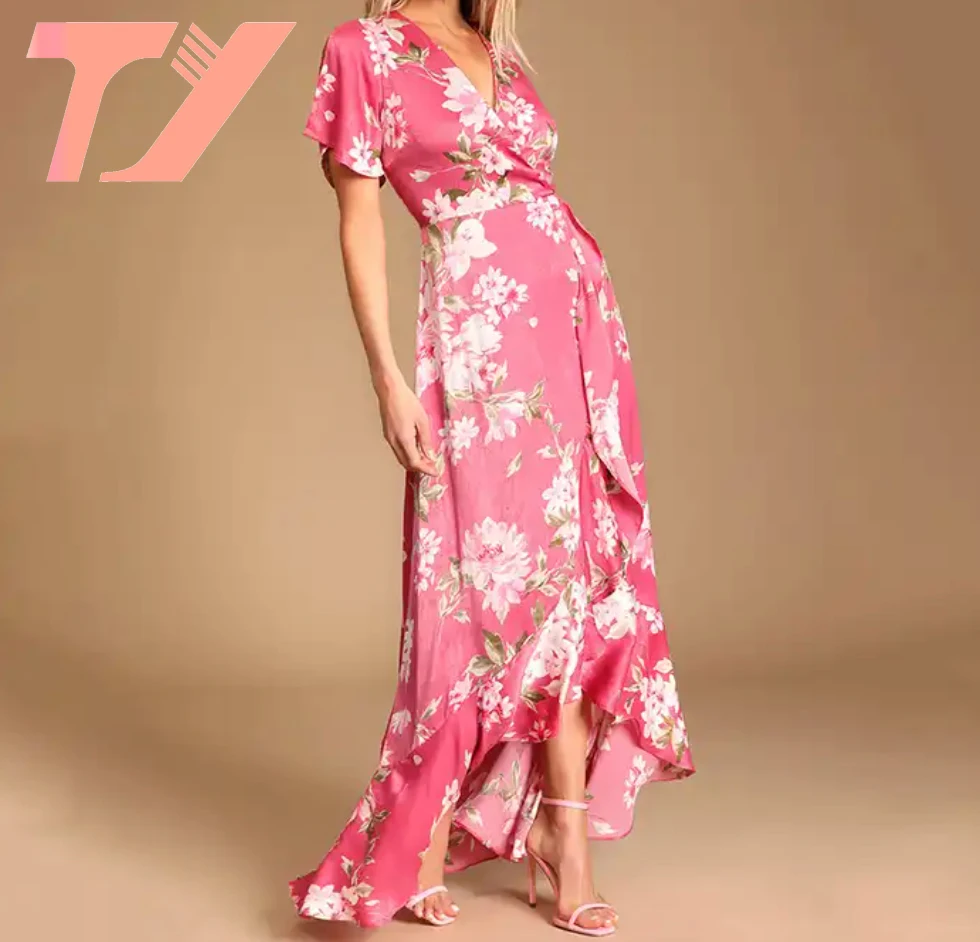 TUOYI Custom Summer Casual Ladies Chiffon Ruffle Elegant Yellow Floral Print Maxi Long Dresses For Women
