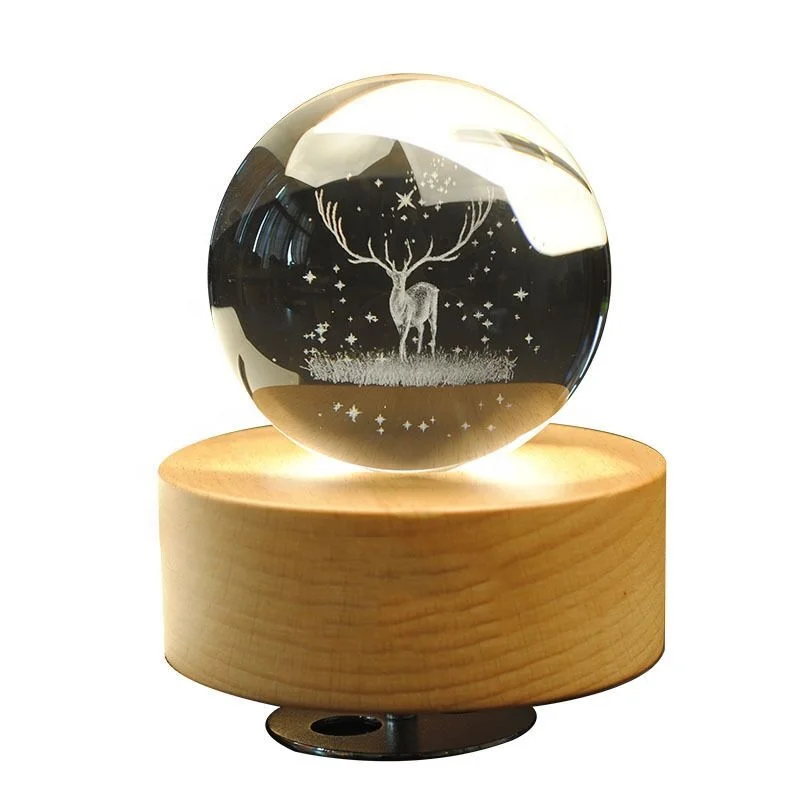 Gleam Hand Cranked Rotating 3D K9 Crystal Ball crystal sphere ball Music Box For Birthday Souvenirs Gift