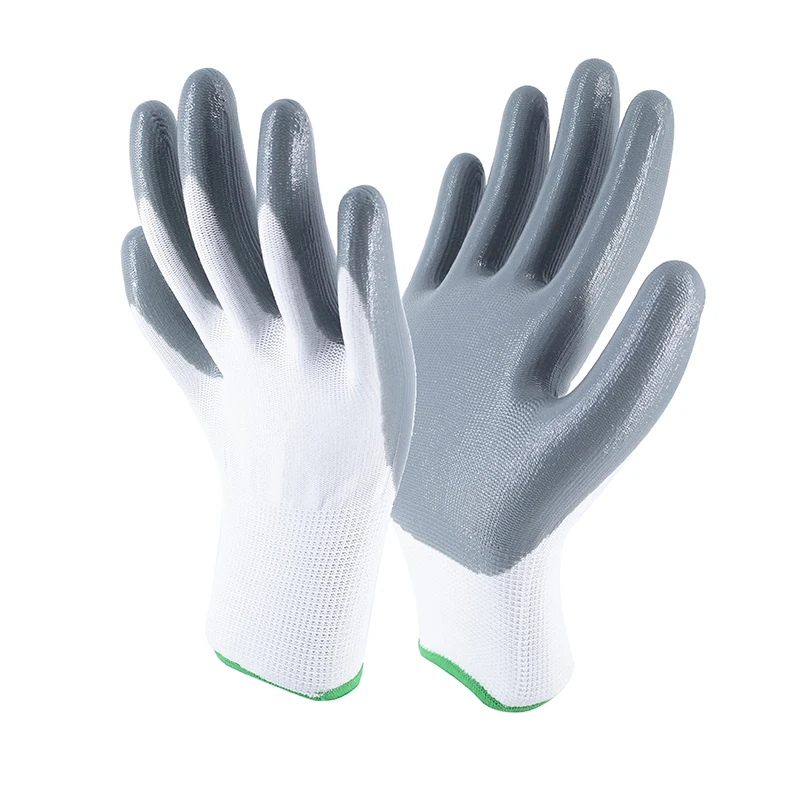 13G White Polyester Nylon Grey Finish Working Nitrile Coated Nitrile Work Gardening Gloves For Industrial Work