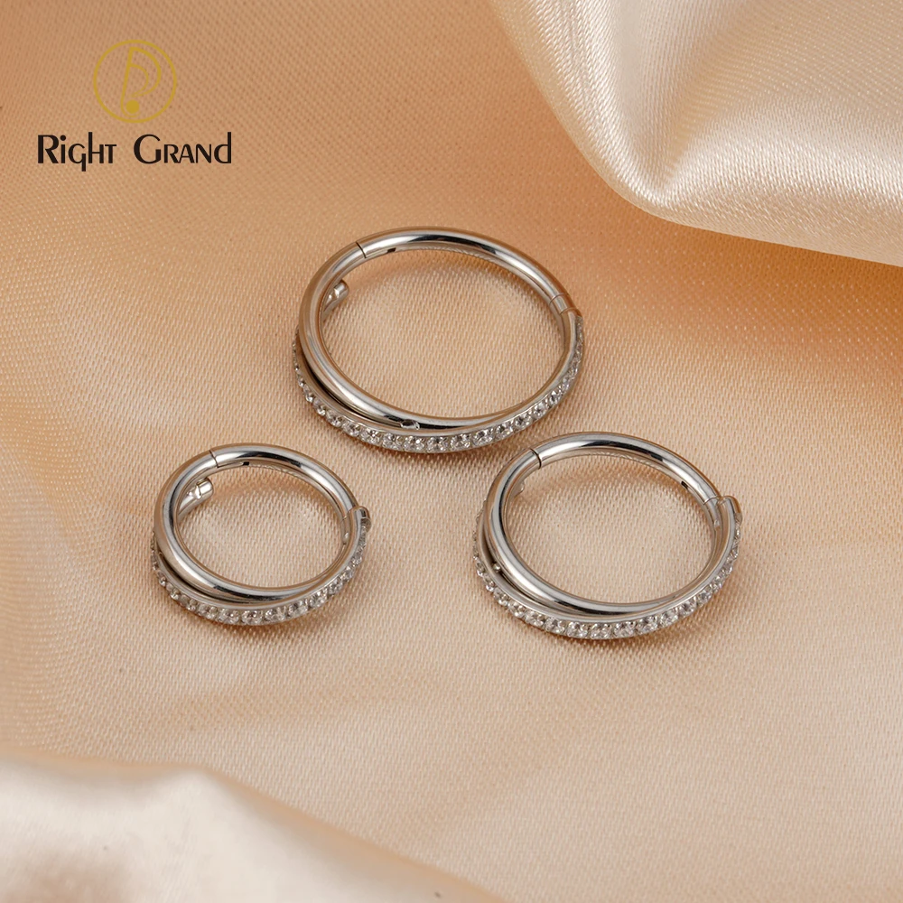 Right Grand Implant Grade ASTM F136 Titanium Clear Zircon Mirror Polish Hinged Clicker for Cartilage Helix Piercing