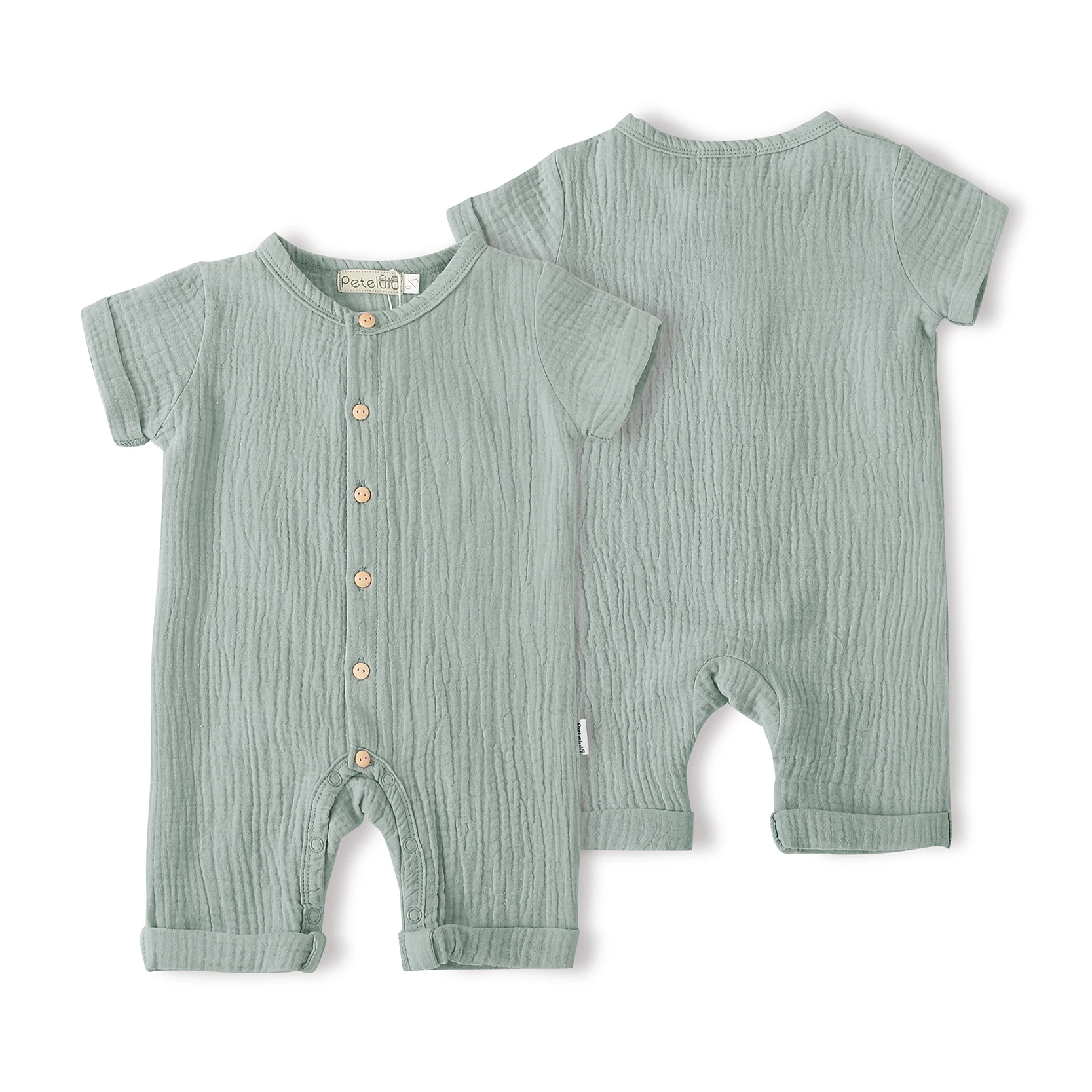 Baby Clothes Romper OEM Service Unisex Knitted 100% Cotton Size Label Bab Wood Button Summer Hemp Breathable O-neck Short Sleeve