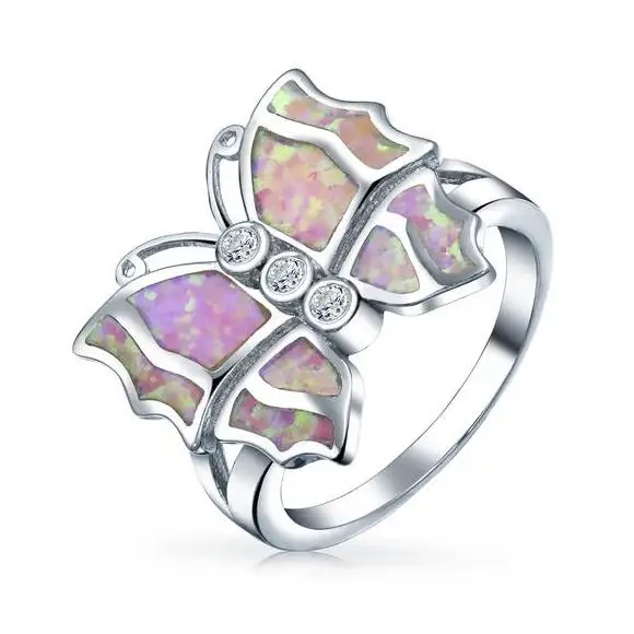 Green Phosphor Butterfly Accent Pink Created Opal 925 Sterling Silver Ring For Women