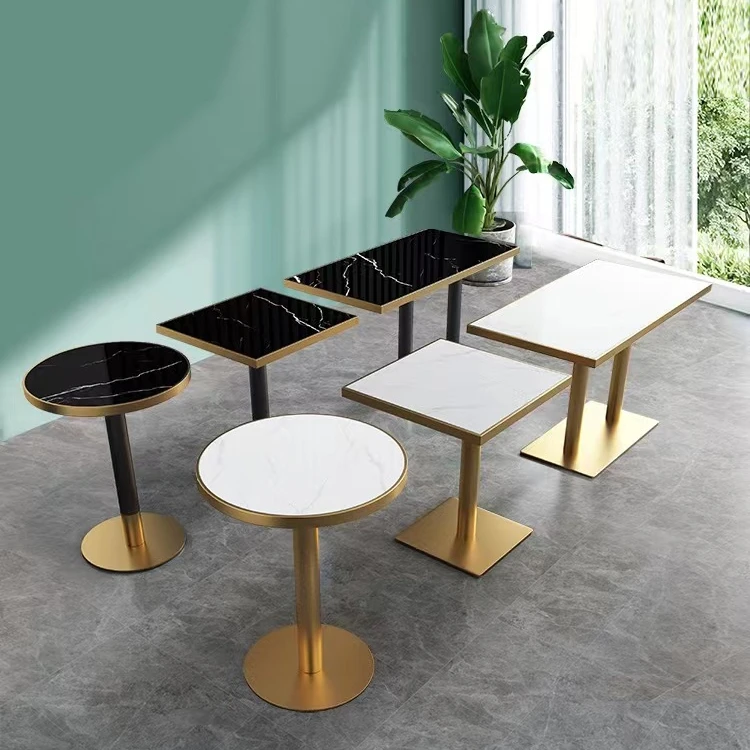 Commercial coffee shop restaurant luxury Sintered Stone marble top stainless steel golden leg round dining table