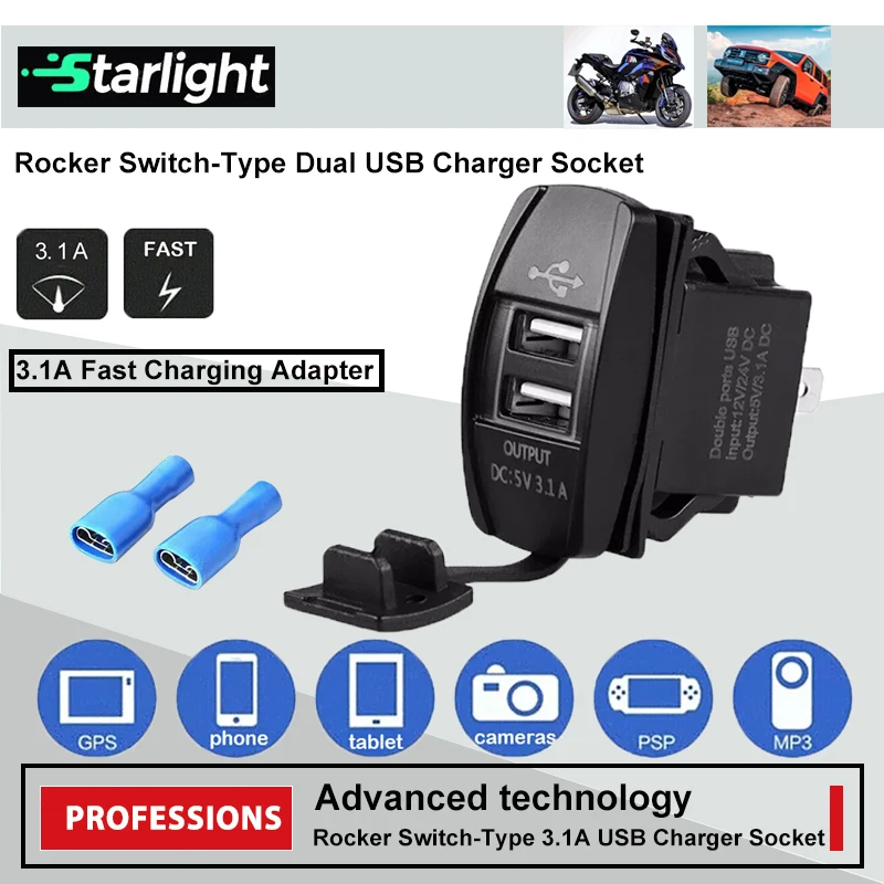 Dual USB Ports Car Charger Rocker Style Switch Waterproof 12-24V 3.1A Power Charge Socket with LED Light for Marine Boat Truck