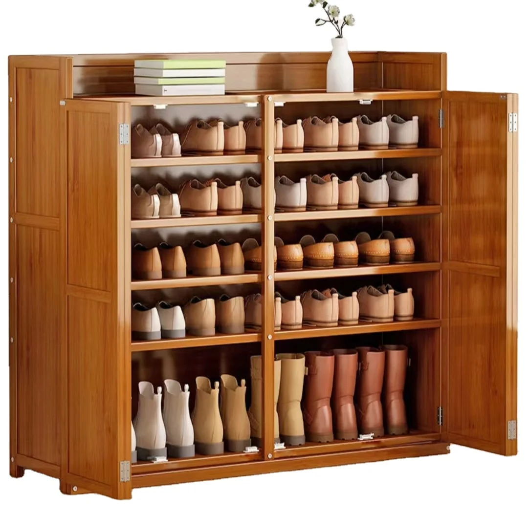Factory best-selling custom wooden shoe cabinet with 4 doors and 6 levels of shoe racks in the foyer