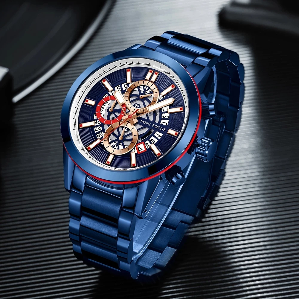 MINI FOCUS MF0285G luxury blue gents quartz watch superior steel Strap water proof Calendar character sports wristwatch