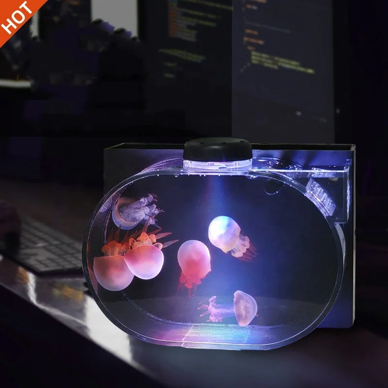 Hot Sale RGB LED Acrylic Tank Contemporary Oval Ecological Jellyfish USB Rechargeable Desktop Decoration Special Price Middle