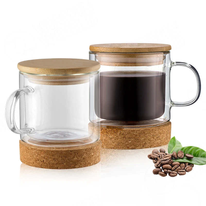 
2021 New Arrival Double Wall Printed Glass Coffee Cup, Borosilicate Glass Mug Custom Cappuccino Cup, Tea Cup with Bamboo Lid 