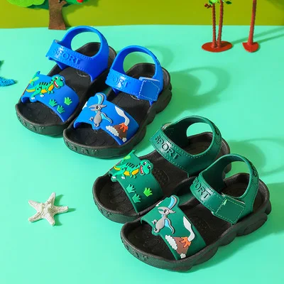 Cute Kids Shoes 2021 New Design Baby Cartoon Dinosaur  Soft Bottom Toddler Sandals PVC Green Blue Brown Slides Slippers