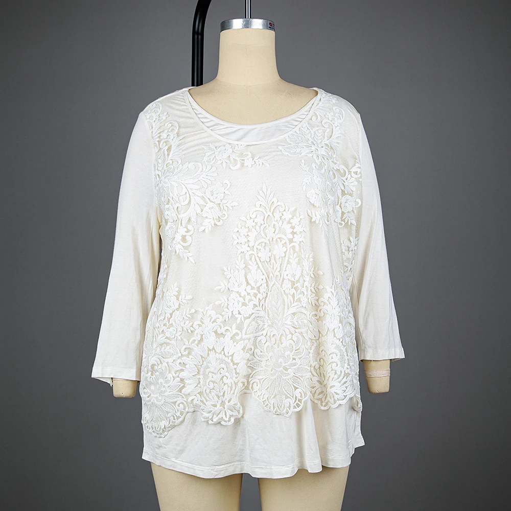 
Lace Blouse New Semi Sheer Lace Embroidery Floral Crochet T Shirts Tee Top Lady Long Sleeve Blouse Woman Blouse 