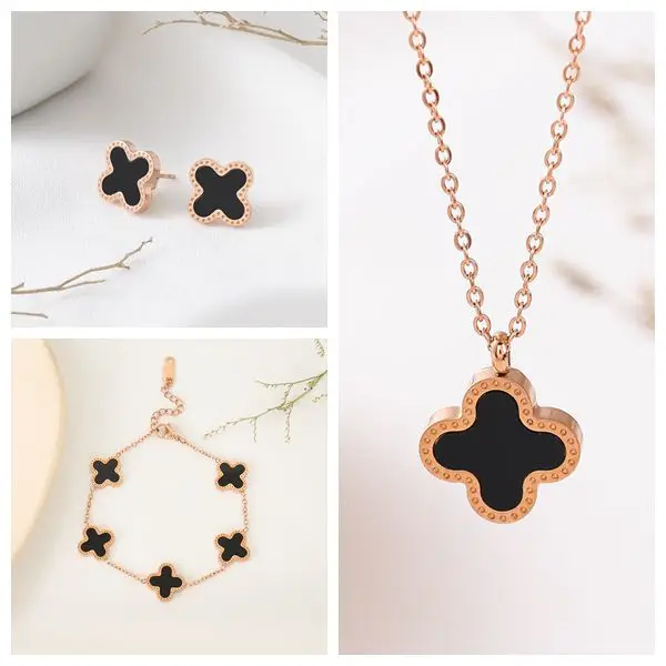 Fashion stainless steel jewelry set Necklace earrings bracelet four-leaf clover jewelry set