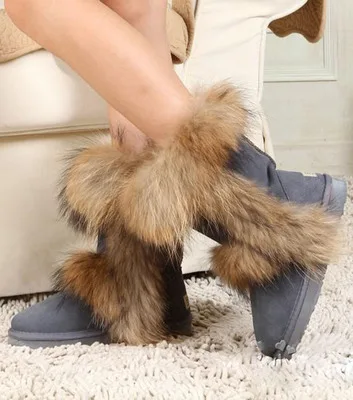 Fashion Womens Winter Raccoon Fluffy Fur Boots Casual Flat Ladies Footwear Plush Snow Boots