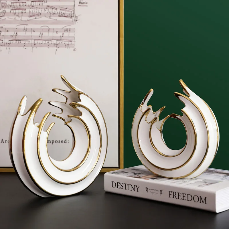 Nordic home decorative round ceramic ornaments modern living room abstract sculpture luxury sea wave statue flower vase