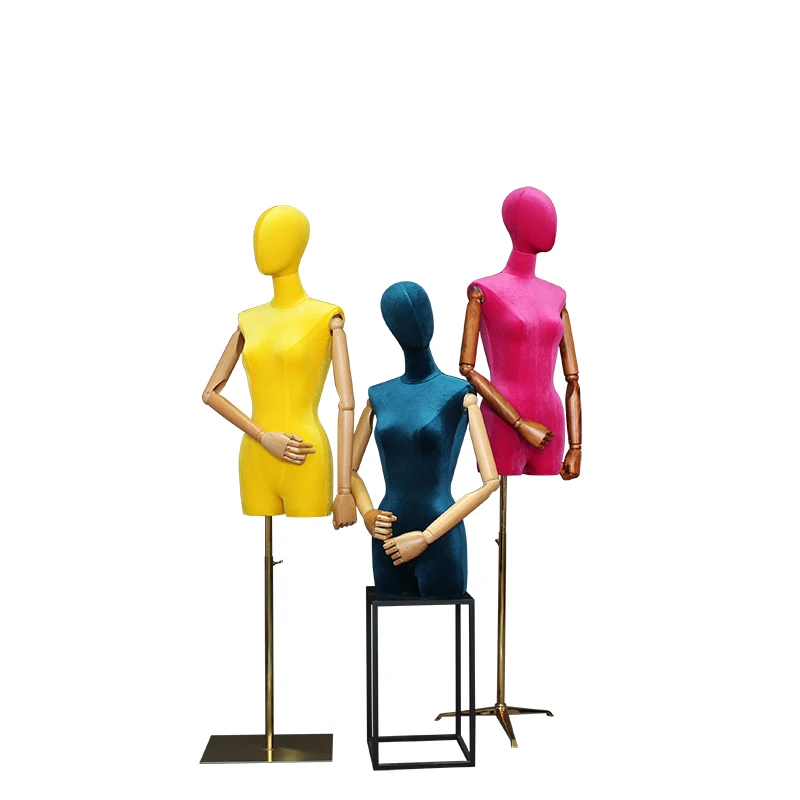 Female half mannequin props electroplated arm color velvet fabric model clothing window display rack