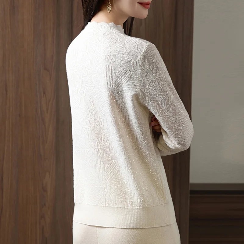 Bright Silk Sunflower Diamond Lace Collar Small Shirt 24 Autumn and Winter New Worsted Wool Ladies Knitted Blouse