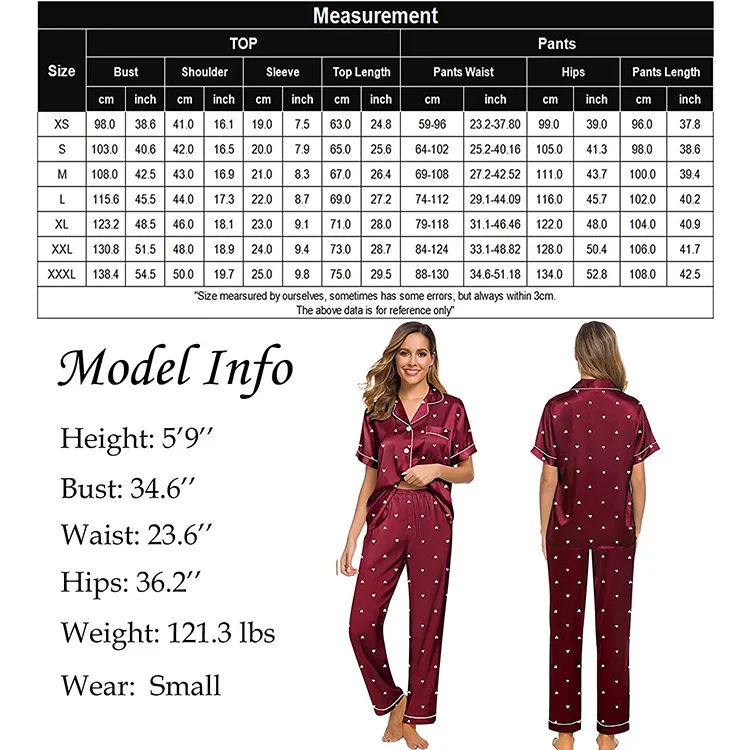 Woman Two-Piece Satin Pajamas Nightgown  Plus Size Satin Sleep Pajamas Red Love Set For Women