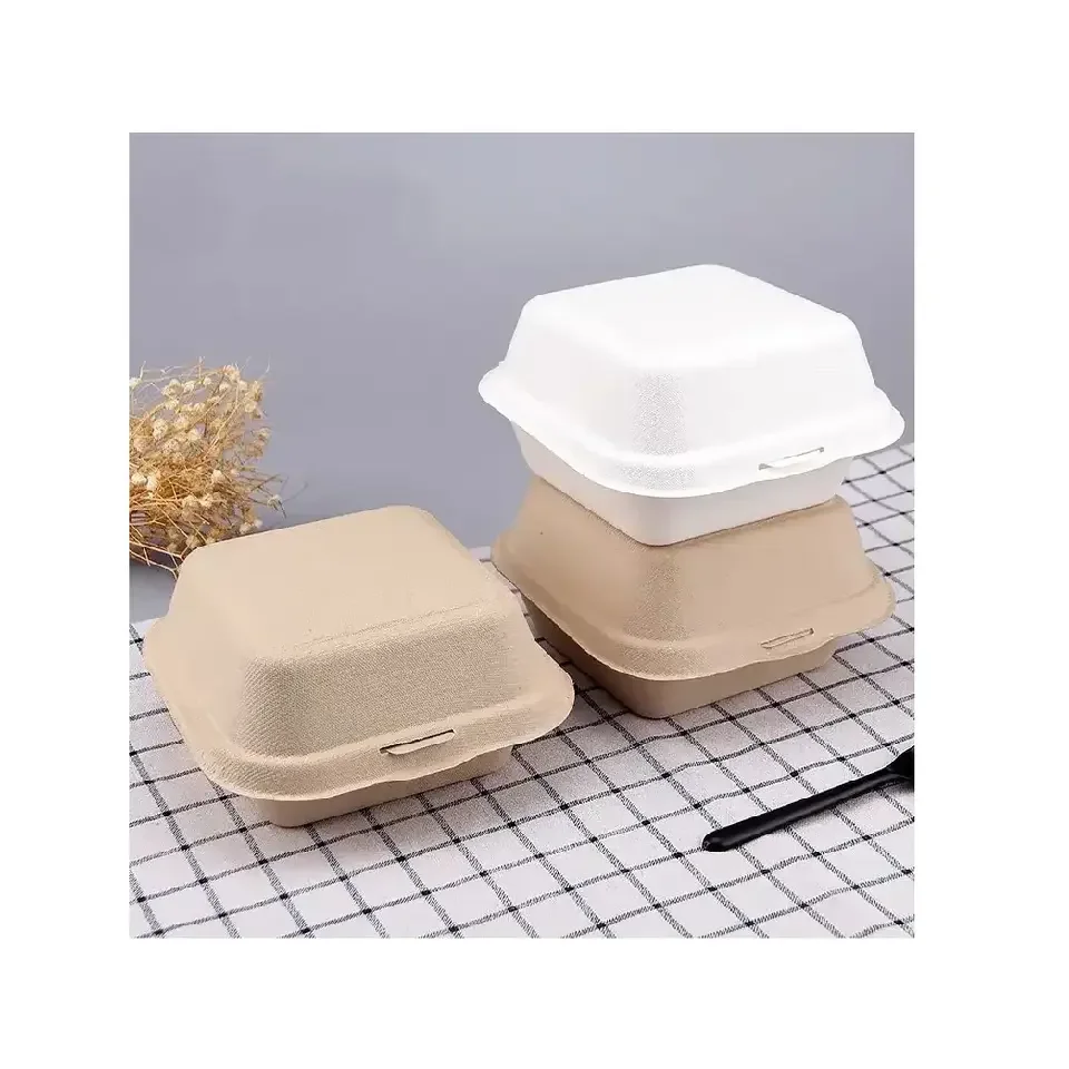 SGP Disposable Lunch Box Take-Out Cake Paper Box Packaging Wholesale Hot Sale Sugar Cane Pulp Burger Box UV Advantage Food