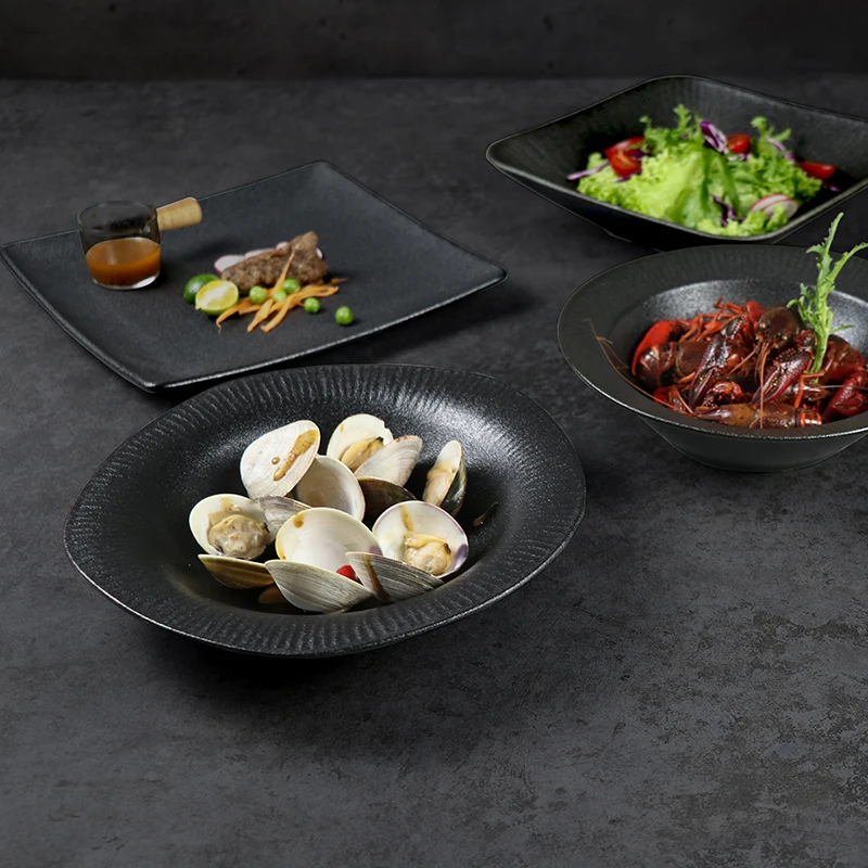 Chaozhou Ceramic Horeca Matte Dinnerware Set Singapore Restaurant Plates Under Glazed Porcelain Tableware Black Dinner Set