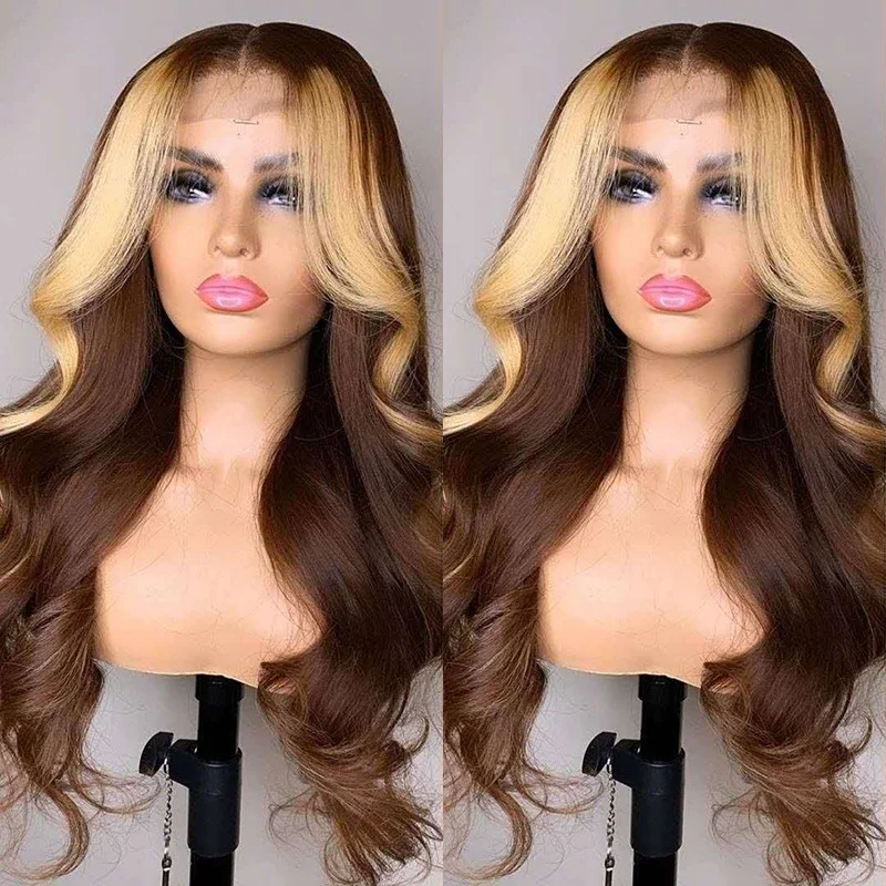 Ombre Honey Brown Color Highlight Body Wave Full Mink Pre Plucked Cuticle Aligned Human Hair HD Lace Front Wigs