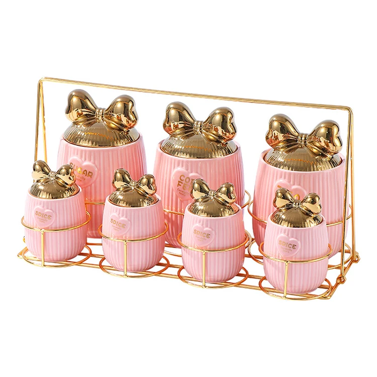 Modern Luxury 7PCS Pink Blue Ceramic Airtight Caniset Set Kitchen Sugar Coffee Spice Storage Jar with Golden Rack