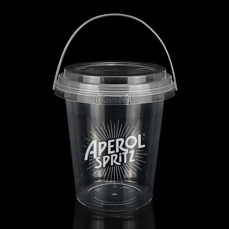 Wholesale disposable Boba Barrel with cover PP transparent plastic fruit drink bucket with handle