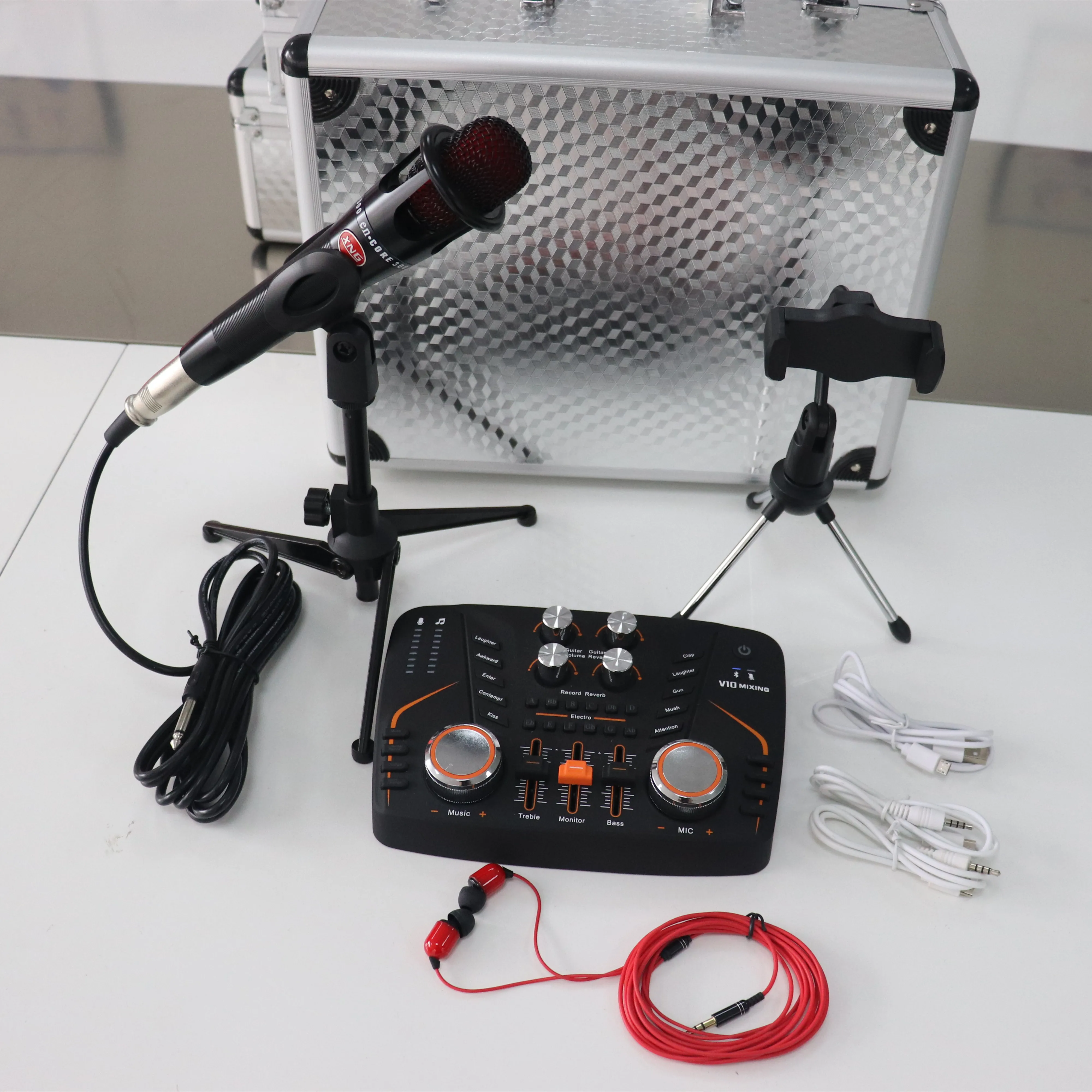 Professional Studio Karaoke V10 sound card  With E300 Microphone Input for Two People Live Stream