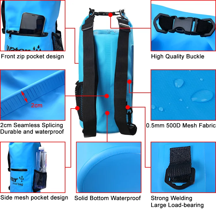 10L 20L Front Zipper Waterproof Beach Dry Bag Double Shoulder Hiking Outdoor Travel Backpack