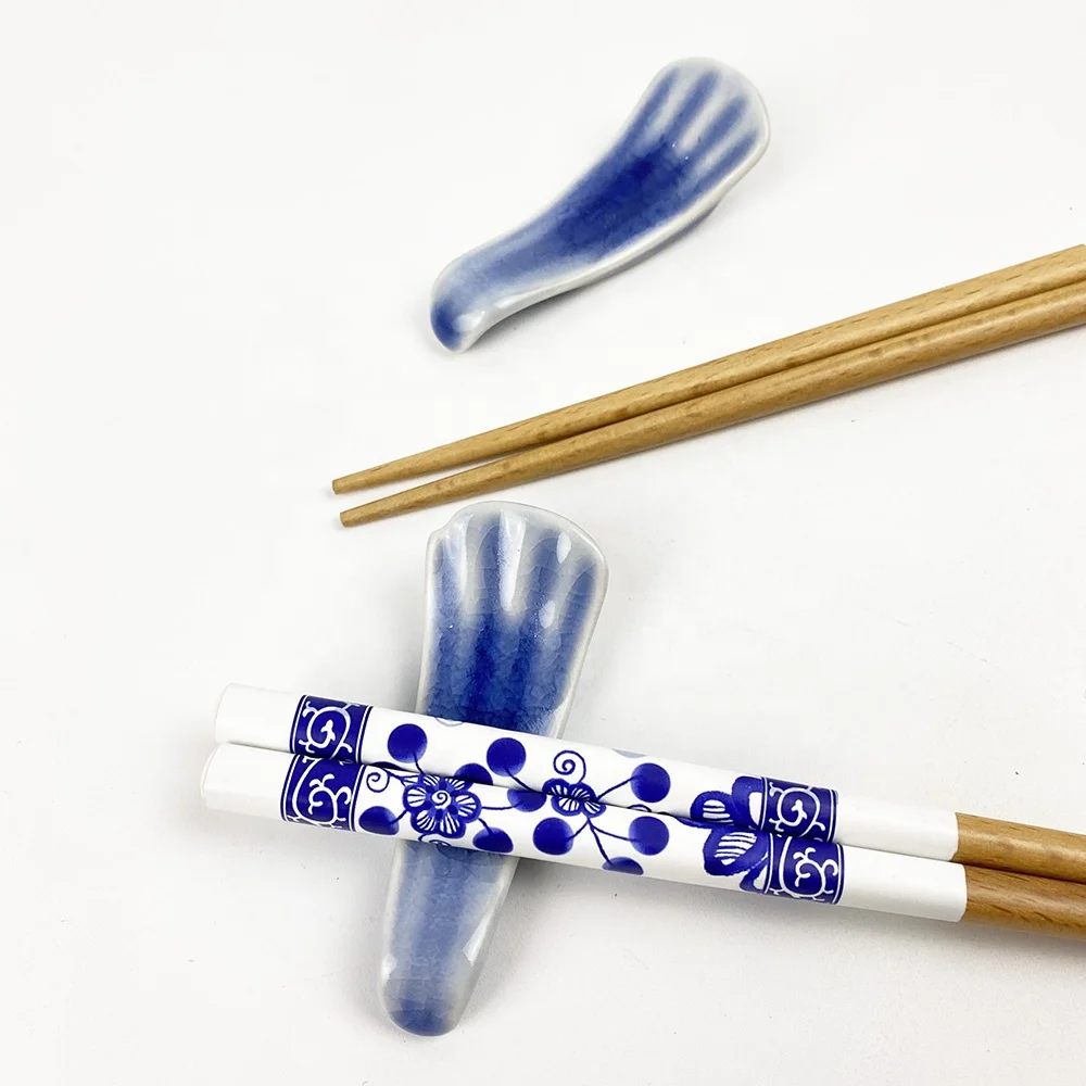 hot sale in 2024. Traditional Chinese style blue and white wooden classic chopsticks with ceramic holders