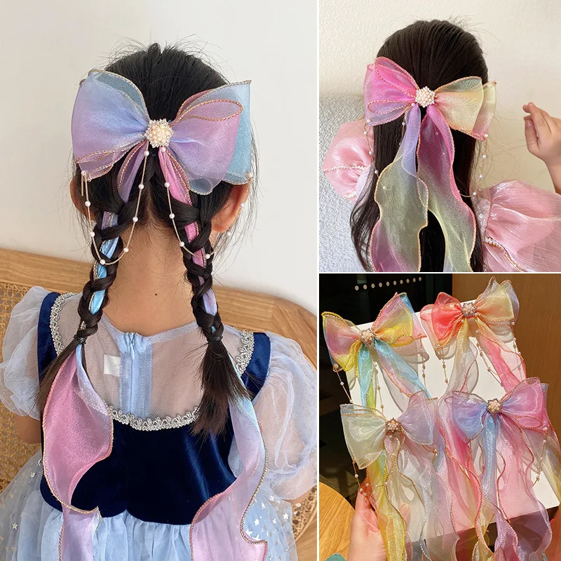 Children kids girl big bow hair clip hairpin sweet mesh hair accessories pearl diamond organza Butterfly Headdress