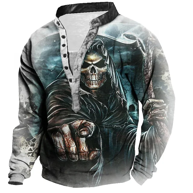 Wholesale Skull Graphic Prints V Neck Henley Sweatshirt Plus Size Button Up Jerseys Gym Fitness Durable Sport Sweater For Men