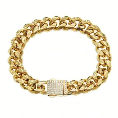 8mm 12 Hops Men Miami Cuban Chain Bracelet 18K Gold Plated Stainless Steel