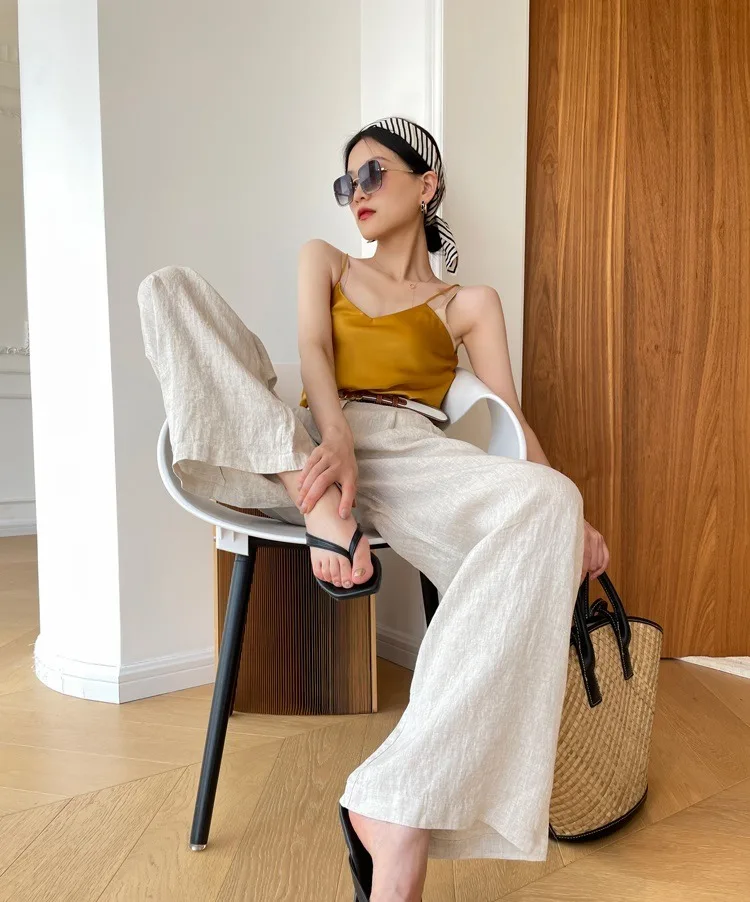 High Waist Wide Leg Long Palazzo Korean New Style Straight Cut Loose  Washed Linen Pants for Women