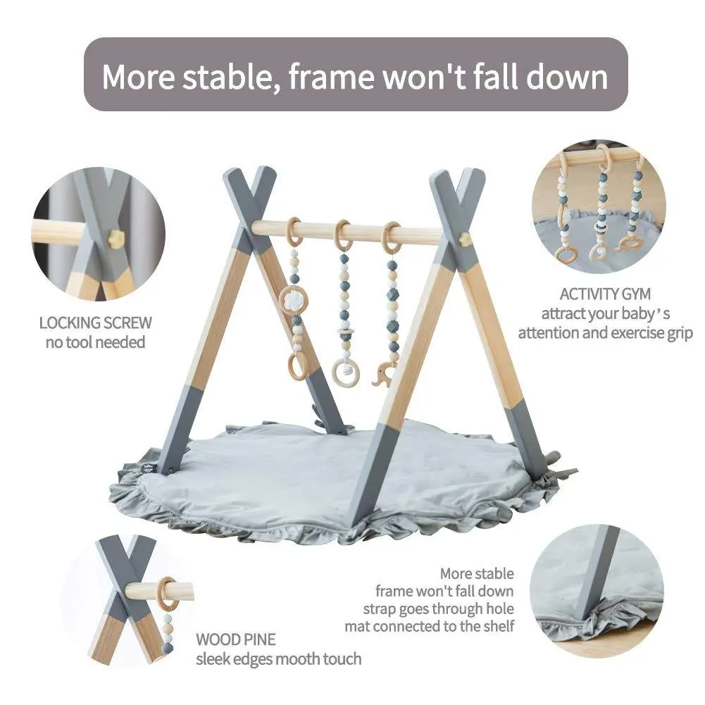 Wooden Foldable Infant Activity Gym with Mat Baby Play Gym Frame Hanging Bar Activity Gym Hanging Toys
