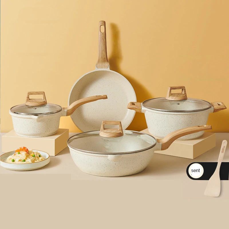 BST 4pcs set Home and kitchen cookware set non stick luxury wheat rice stone pot set fry pan soup pot