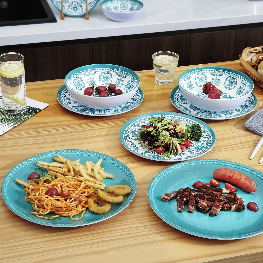 Green Flower Thailand Dinnerware Stoviglie Country Melanina Plasric Picnic Dish Bowl And Plates Melamine Retro Korean Dinner Set