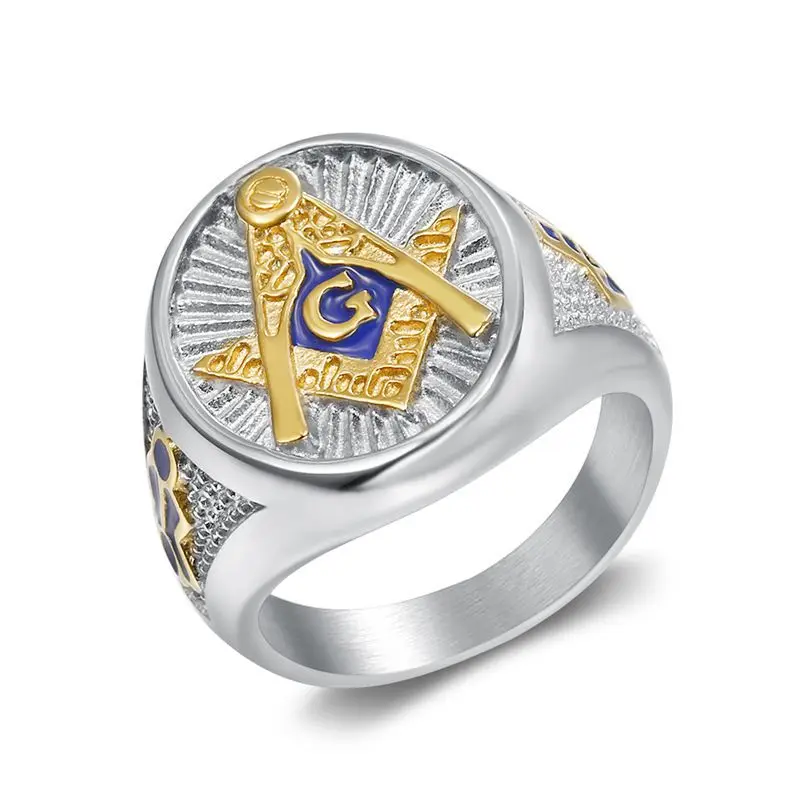 High Quality Masonic AG Gold Blue Non Tranish tungsten 316 Stainless Steel Rings for Male