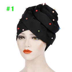 New Muslim Solid Color Beaded Baotou Hat Space Cotton Candy Color Beaded Flower Hat Headscarf Cap