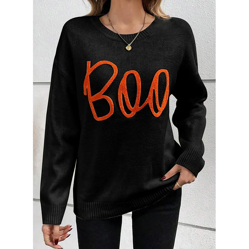 Dear-Lover New Fashion Wholesale Boo Pattern Ribbed Edge Drop Shoulder Knitted Crewneck Sweater