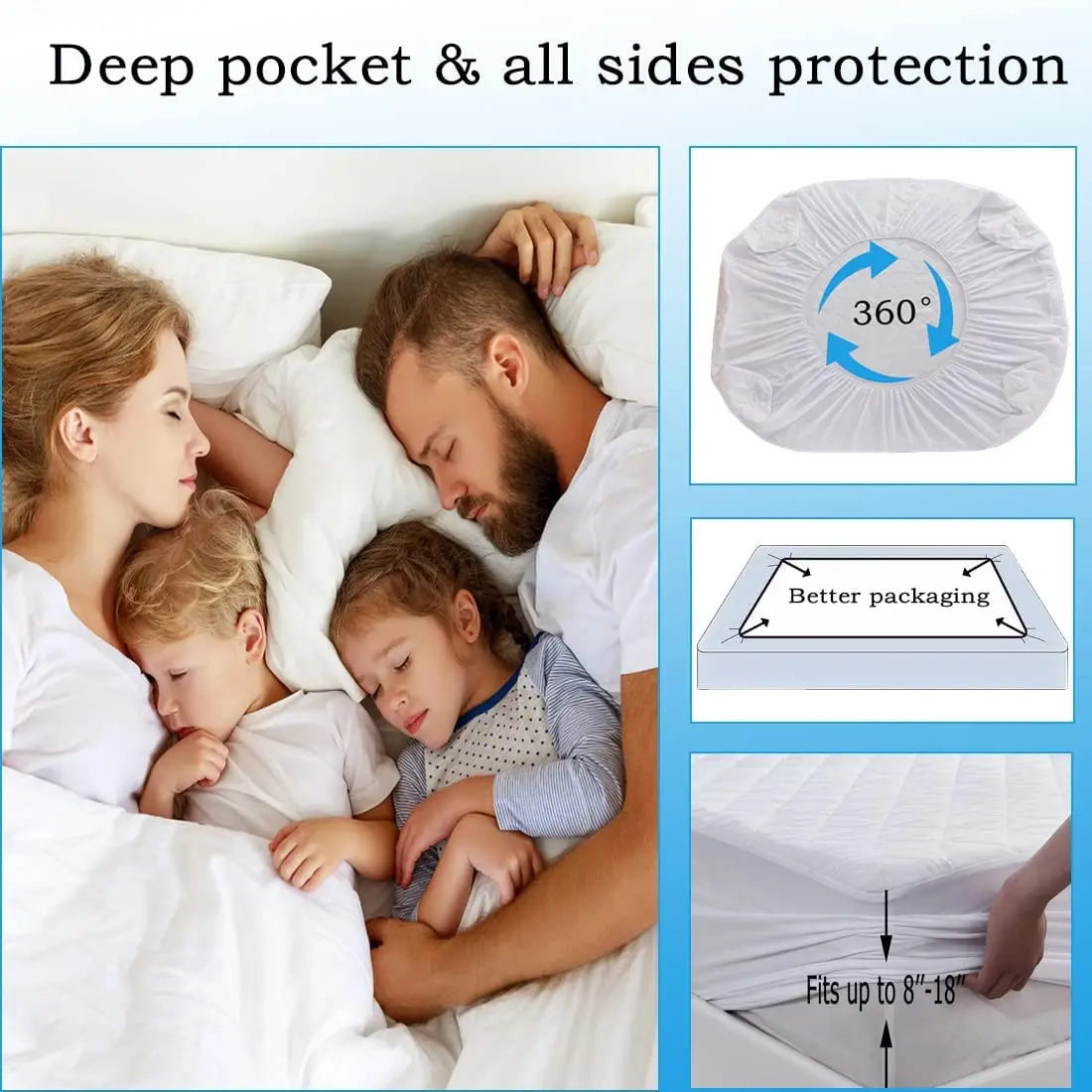 Deep Pocket Cooling Breathable Fluffy Soft Mattress Pad Noiseless Mattress Cover Waterproof Mattress Protector