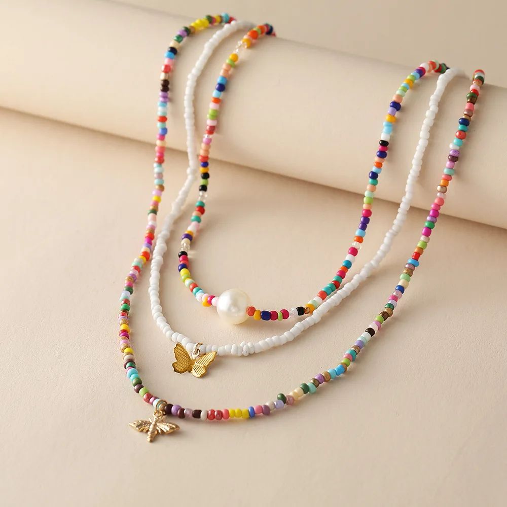 Wholesale Women Bohemian Multilayer Beaded Necklaces handmade pearl butterfly pendant necklace jewelry Girls gift