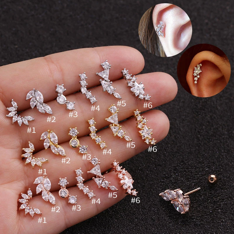 Right Grand Cubic Zirconia Cartilage Stud Helix Rook Earrings Gold Plated 18K Cartilage Piercings Stainless Steel
